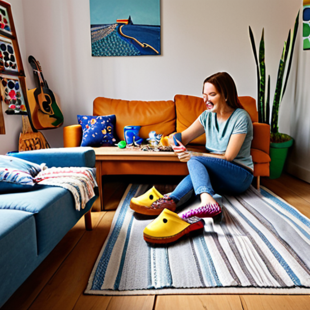 **Image of a cozy Dutch "woonkamer" (living room) filled with DIY projects.** The scene includes a person happily crafting with upcycled materials like denim and colorful yarn. In the background, you see handmade decorations such as painted wooden clogs, unique wall art made from recycled materials, and personalized gifts. Focus on the warm, inviting atmosphere of a creative, sustainable Dutch home.