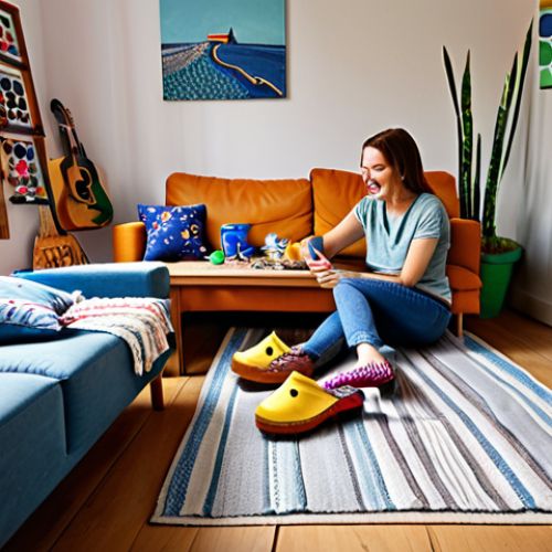 Home 11 **Image of a cozy Dutch "woonkamer" (living room) filled with DIY projects.** The scene includes a person happily crafting with upcycled materials like denim and colorful yarn. In the background, you see handmade decorations such as painted wooden clogs, unique wall art made from recycled materials, and personalized gifts. Focus on the warm, inviting atmosphere of a creative, sustainable Dutch home.