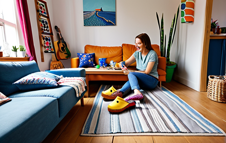 **Image of a cozy Dutch "woonkamer" (living room) filled with DIY projects.** The scene includes a person happily crafting with upcycled materials like denim and colorful yarn. In the background, you see handmade decorations such as painted wooden clogs, unique wall art made from recycled materials, and personalized gifts. Focus on the warm, inviting atmosphere of a creative, sustainable Dutch home.